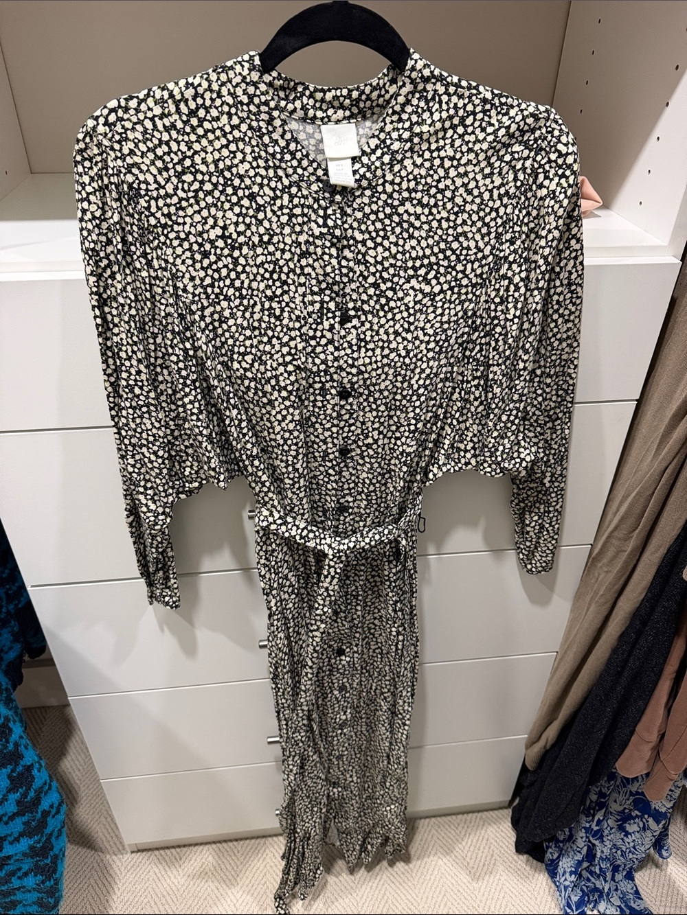 H&M Black Maxi Dress with Cream Floral Print and Tie Waist